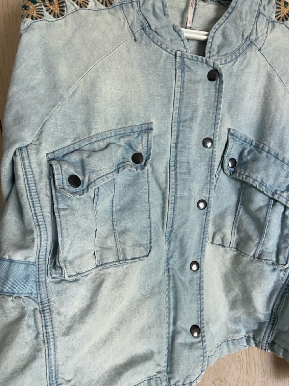 Free People Embroidered Chambray Jacket Womens Large Blue Linen Cotton Blend S - Picture 6 of 14